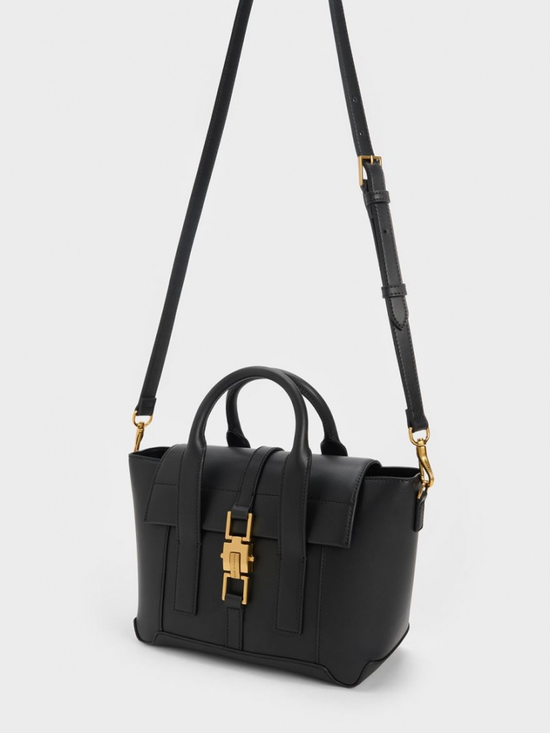 Geanta Tote Charles & Keith Dua Buckled Trapeze Negrii | 078TLQYSW