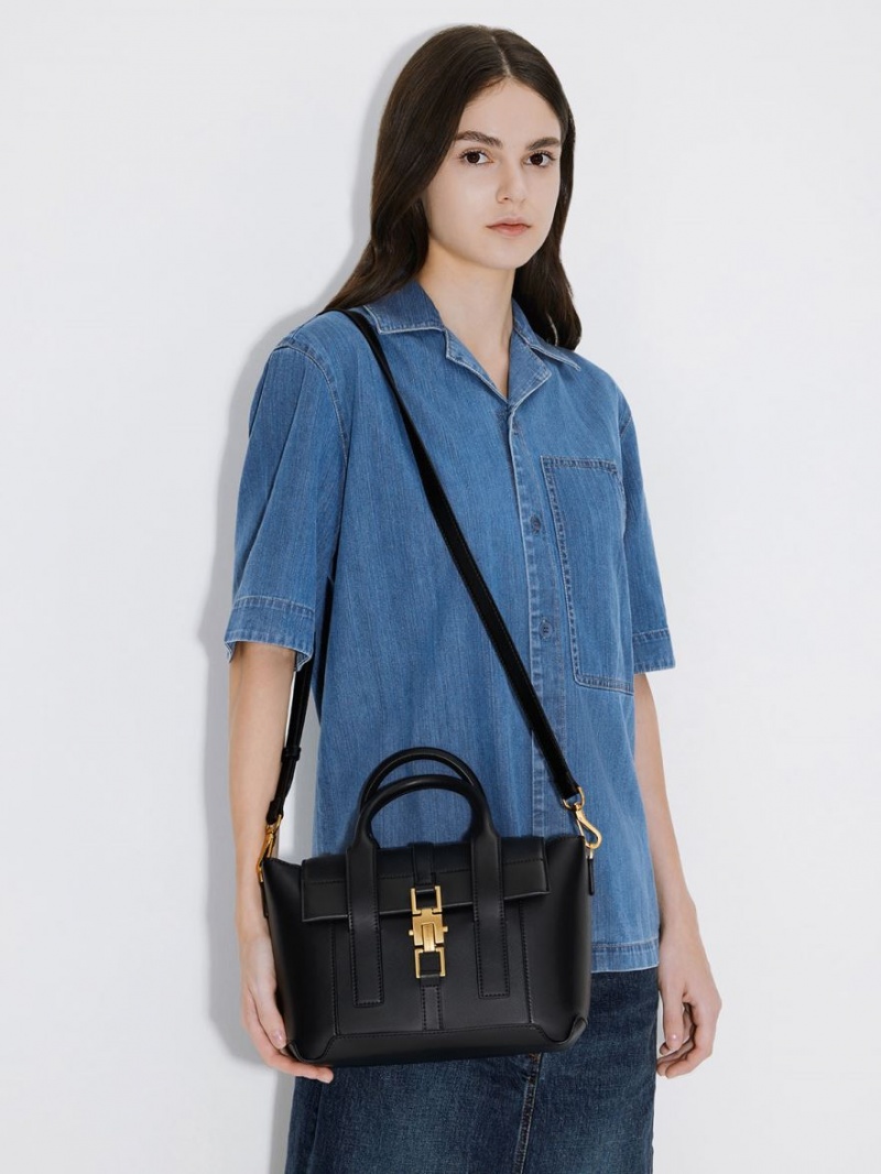 Geanta Tote Charles & Keith Dua Buckled Trapeze Negrii | 078TLQYSW
