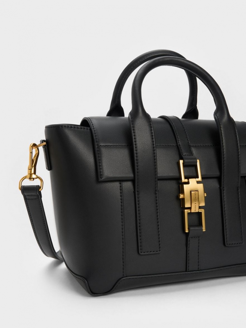 Geanta Tote Charles & Keith Dua Buckled Trapeze Negrii | 078TLQYSW