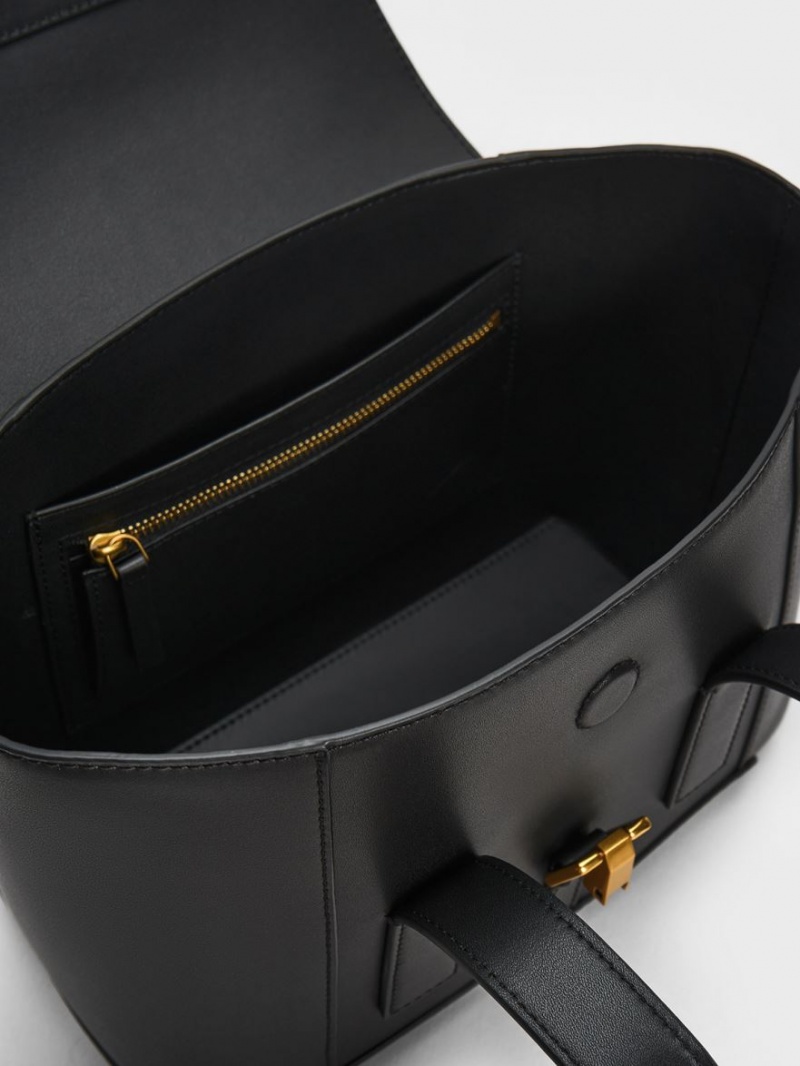 Geanta Tote Charles & Keith Dua Buckled Trapeze Negrii | 078TLQYSW