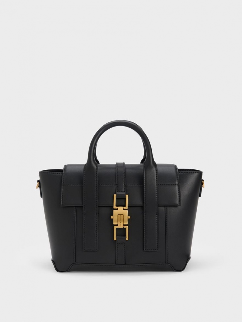 Geanta Tote Charles & Keith Dua Buckled Trapeze Negrii | 078TLQYSW
