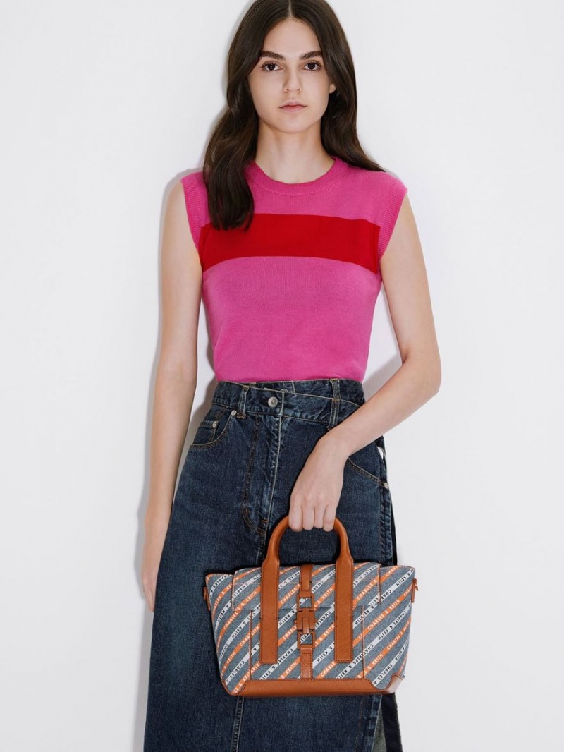 Geanta Tote Charles & Keith Dua In Dungi Denim Buckled Trapeze Colorati | 603FVEBHA