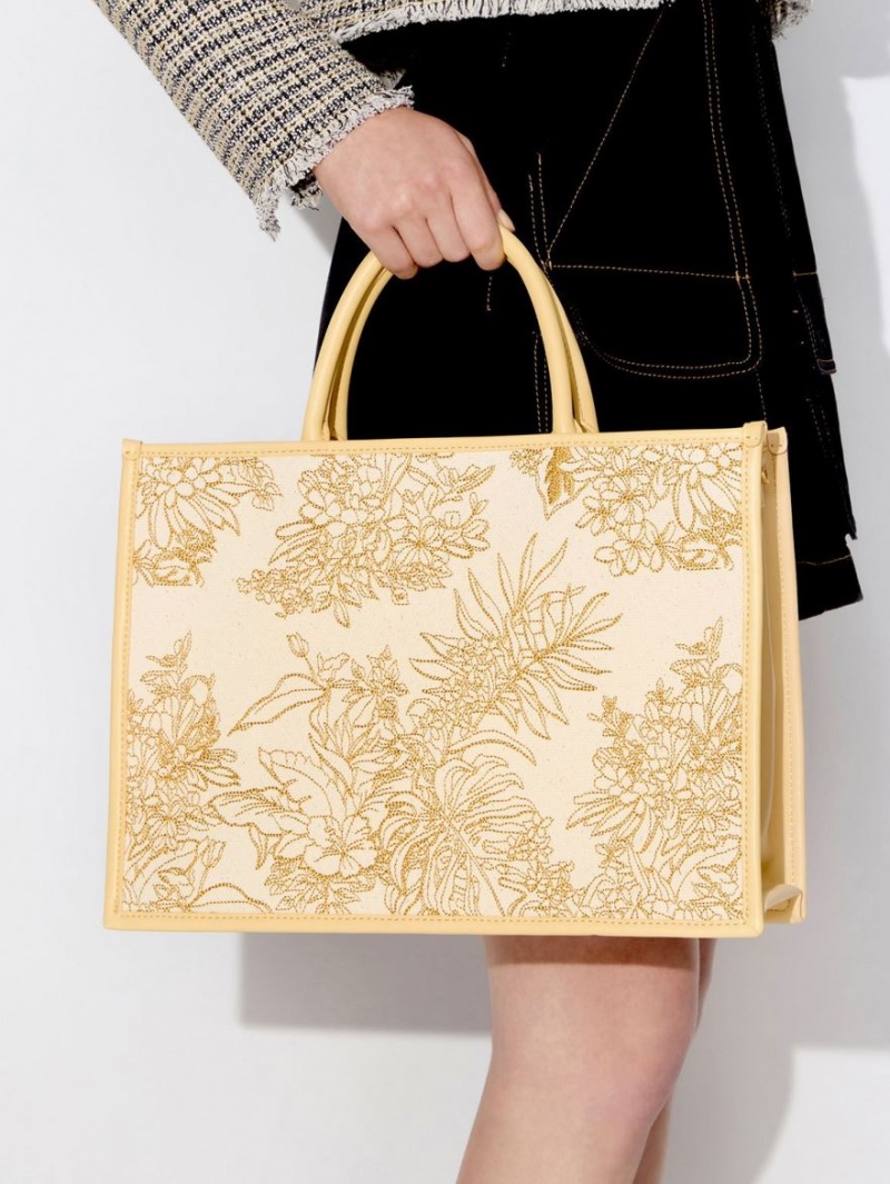 Geanta Tote Charles & Keith Floral Illustrated Panza Bej | 579UYVLZW