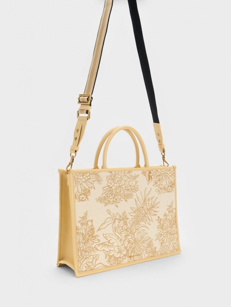 Geanta Tote Charles & Keith Floral Illustrated Panza Bej | 579UYVLZW