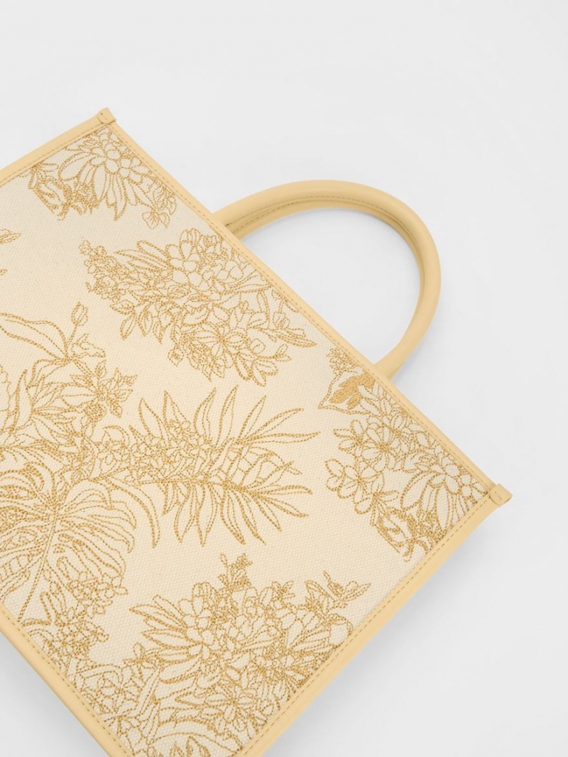 Geanta Tote Charles & Keith Floral Illustrated Panza Bej | 579UYVLZW