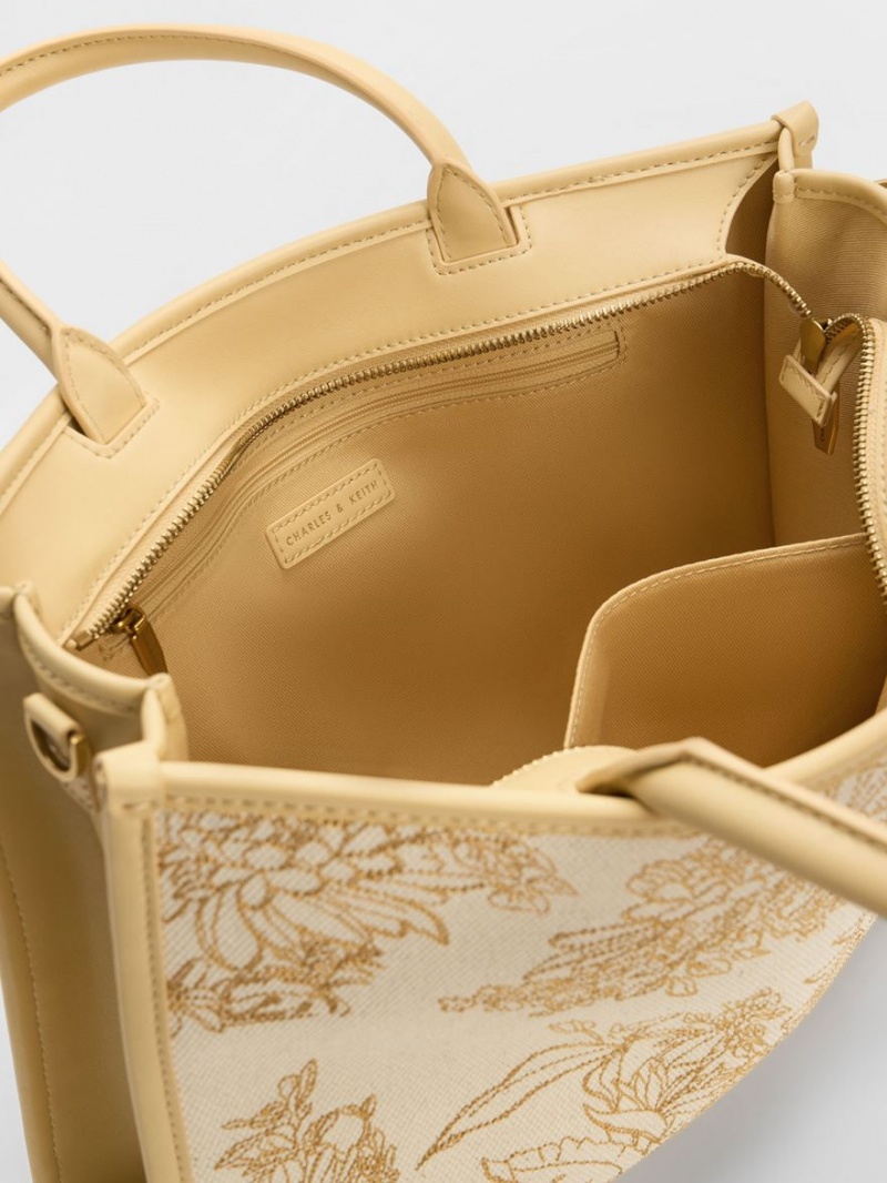 Geanta Tote Charles & Keith Floral Illustrated Panza Bej | 579UYVLZW