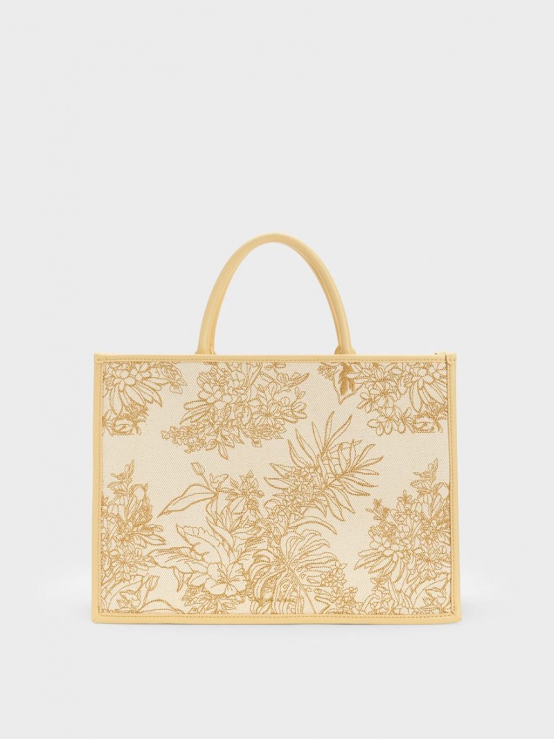 Geanta Tote Charles & Keith Floral Illustrated Panza Bej | 579UYVLZW