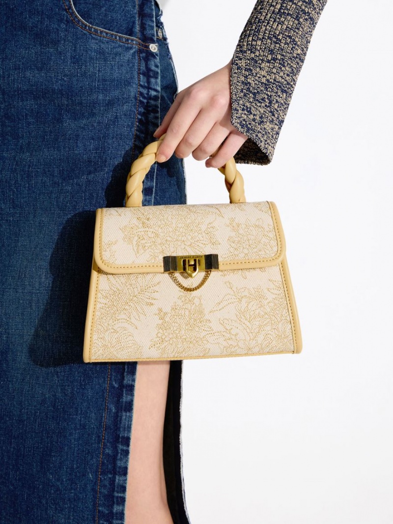 Geanta Tote Charles & Keith Floral Illustrated Trapeze Bej | 067DUAFVY