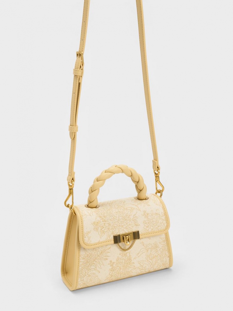 Geanta Tote Charles & Keith Floral Illustrated Trapeze Bej | 067DUAFVY