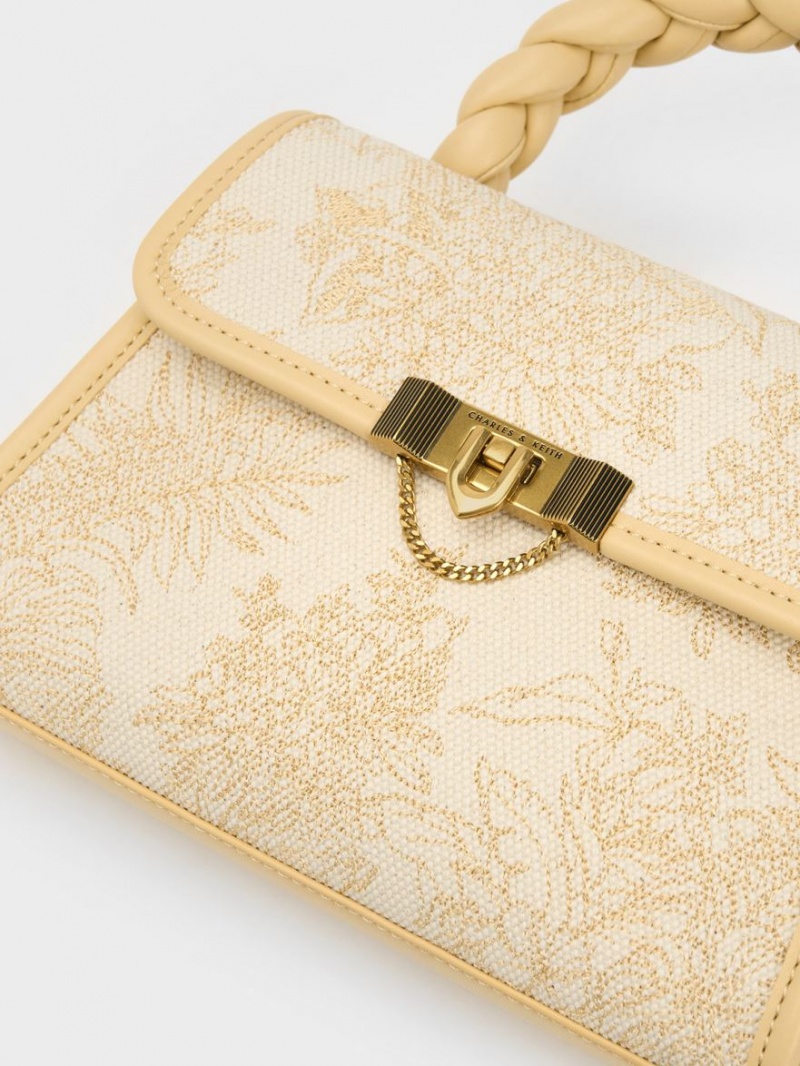 Geanta Tote Charles & Keith Floral Illustrated Trapeze Bej | 067DUAFVY