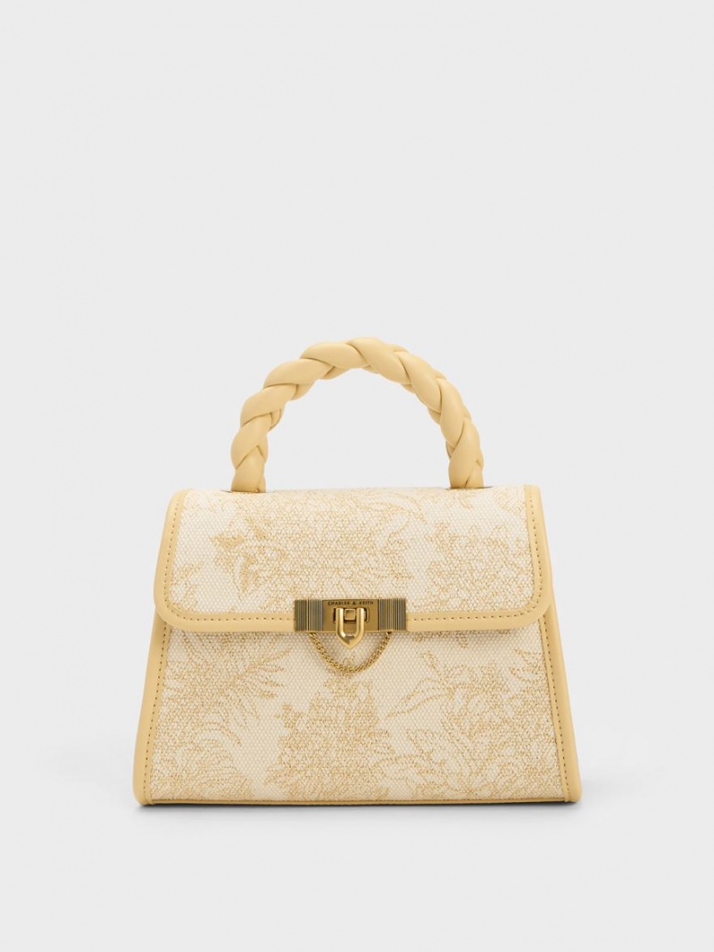 Geanta Tote Charles & Keith Floral Illustrated Trapeze Bej | 067DUAFVY