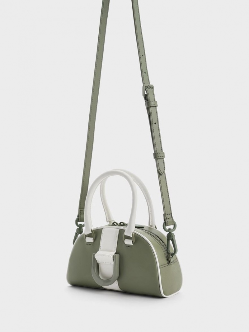 Geanta Tote Charles & Keith Gabine Two-Tone Piele Bowling Masline Verzi | 075VMUQNS