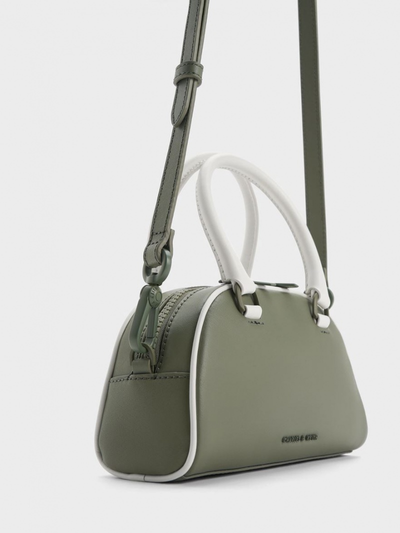 Geanta Tote Charles & Keith Gabine Two-Tone Piele Bowling Masline Verzi | 075VMUQNS