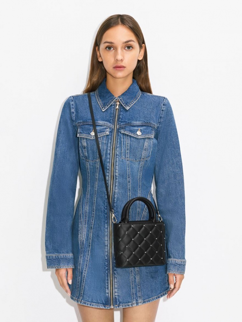 Geanta Tote Charles & Keith Gem-Embellished Căptușită Negrii | 859VPFGLX