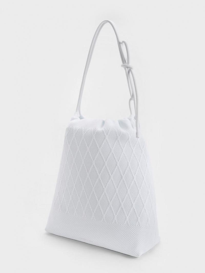 Geanta Tote Charles & Keith Genoa Bow-Tie Tricotate Albi | 397TMRZOH