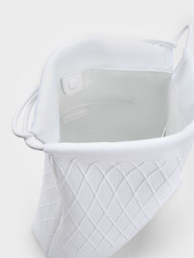 Geanta Tote Charles & Keith Genoa Bow-Tie Tricotate Albi | 397TMRZOH