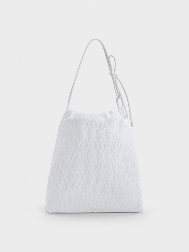 Geanta Tote Charles & Keith Genoa Bow-Tie Tricotate Albi | 397TMRZOH