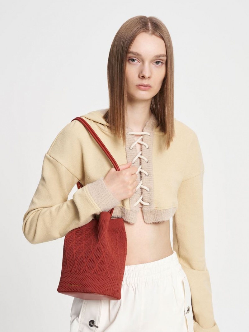 Geanta Tote Charles & Keith Genoa Tricotate Drawstring Rosii Inchis | 786HDKUPT