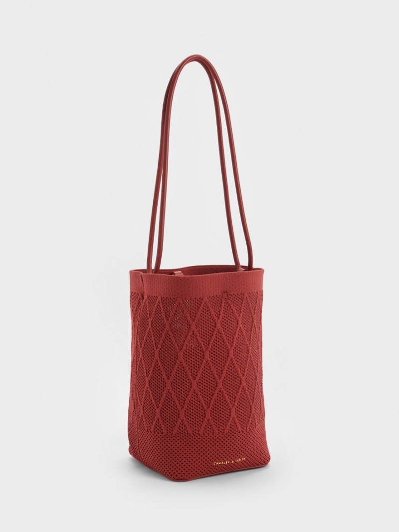 Geanta Tote Charles & Keith Genoa Tricotate Drawstring Rosii Inchis | 786HDKUPT