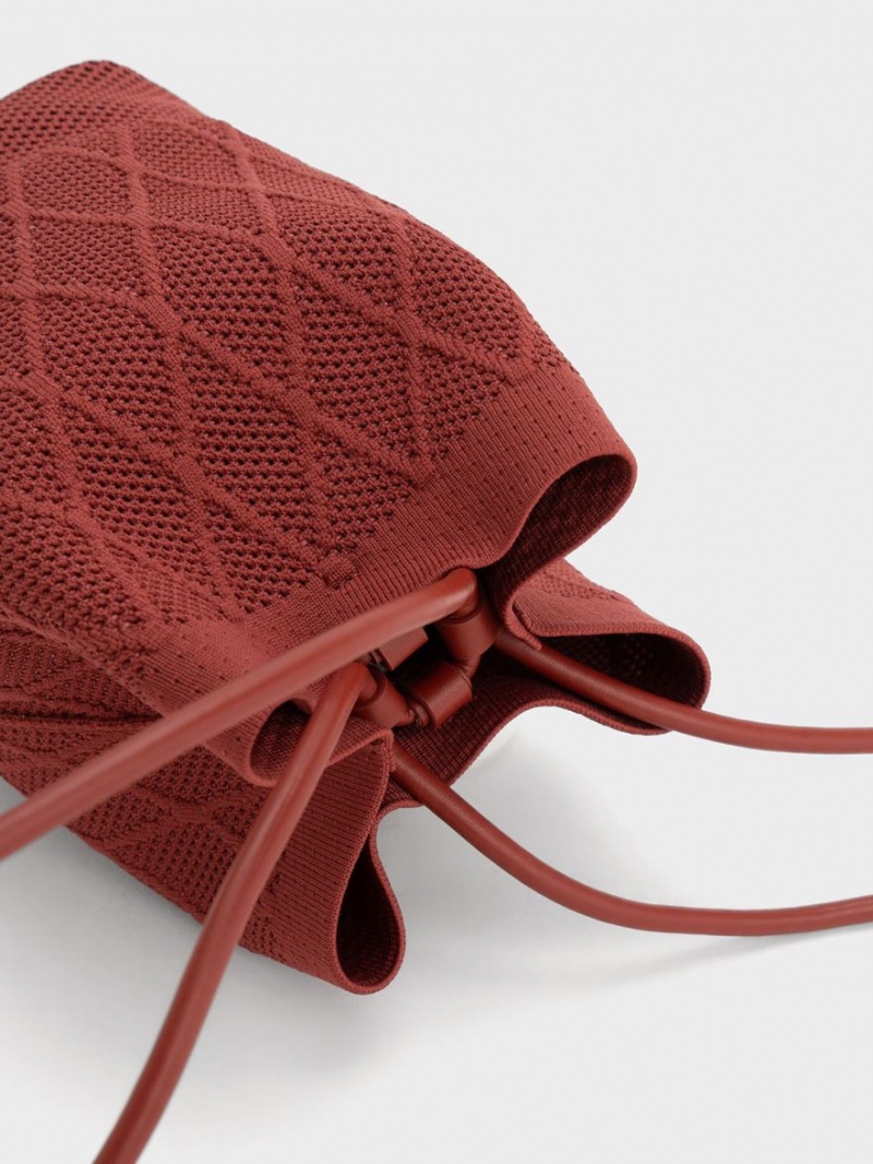 Geanta Tote Charles & Keith Genoa Tricotate Drawstring Rosii Inchis | 786HDKUPT