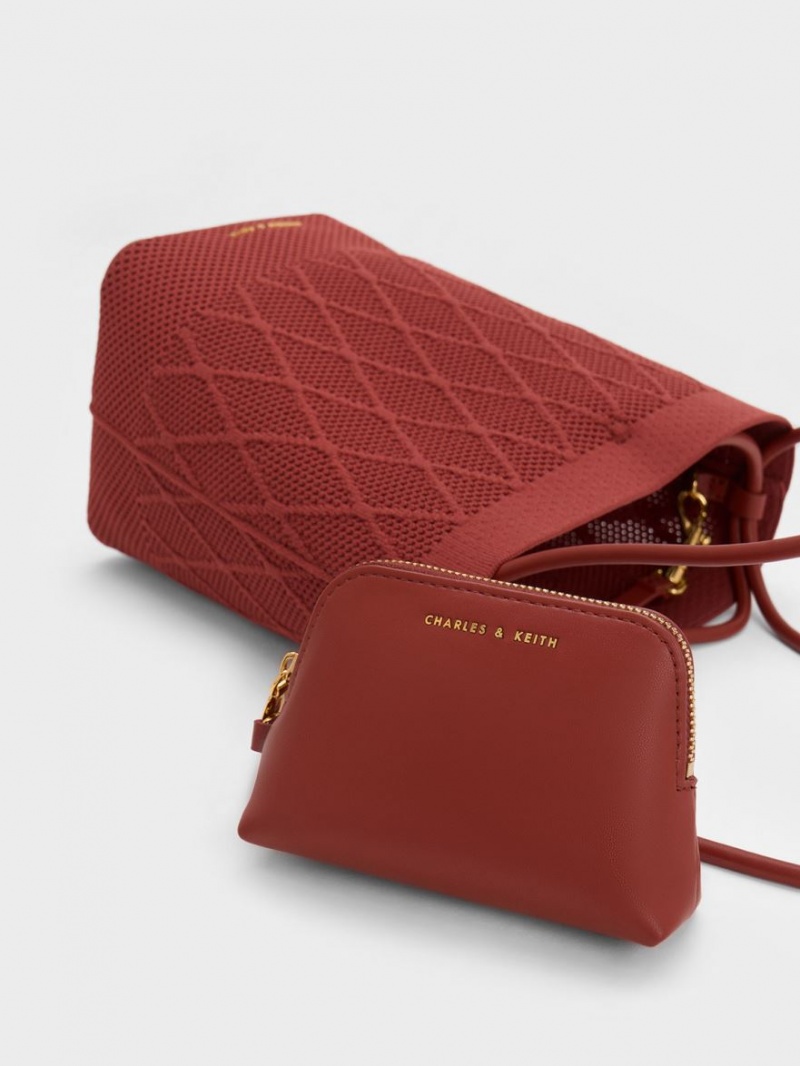Geanta Tote Charles & Keith Genoa Tricotate Drawstring Rosii Inchis | 786HDKUPT