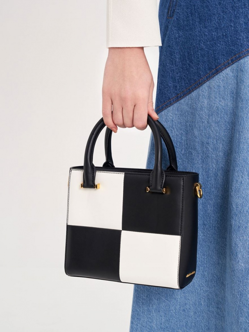 Geanta Tote Charles & Keith Georgette Checkered Square Negrii Albi | 046KGILBV