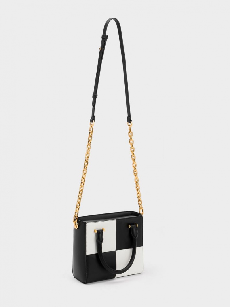 Geanta Tote Charles & Keith Georgette Checkered Square Negrii Albi | 046KGILBV