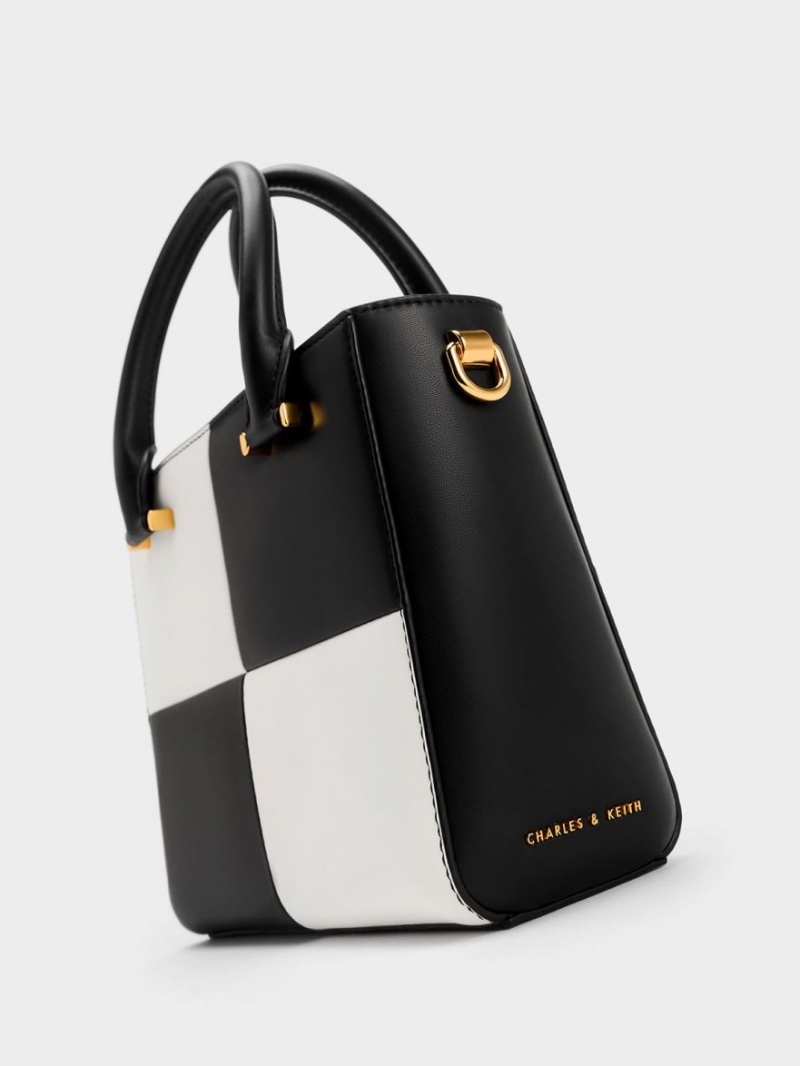 Geanta Tote Charles & Keith Georgette Checkered Square Negrii Albi | 046KGILBV
