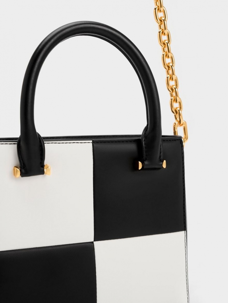 Geanta Tote Charles & Keith Georgette Checkered Square Negrii Albi | 046KGILBV