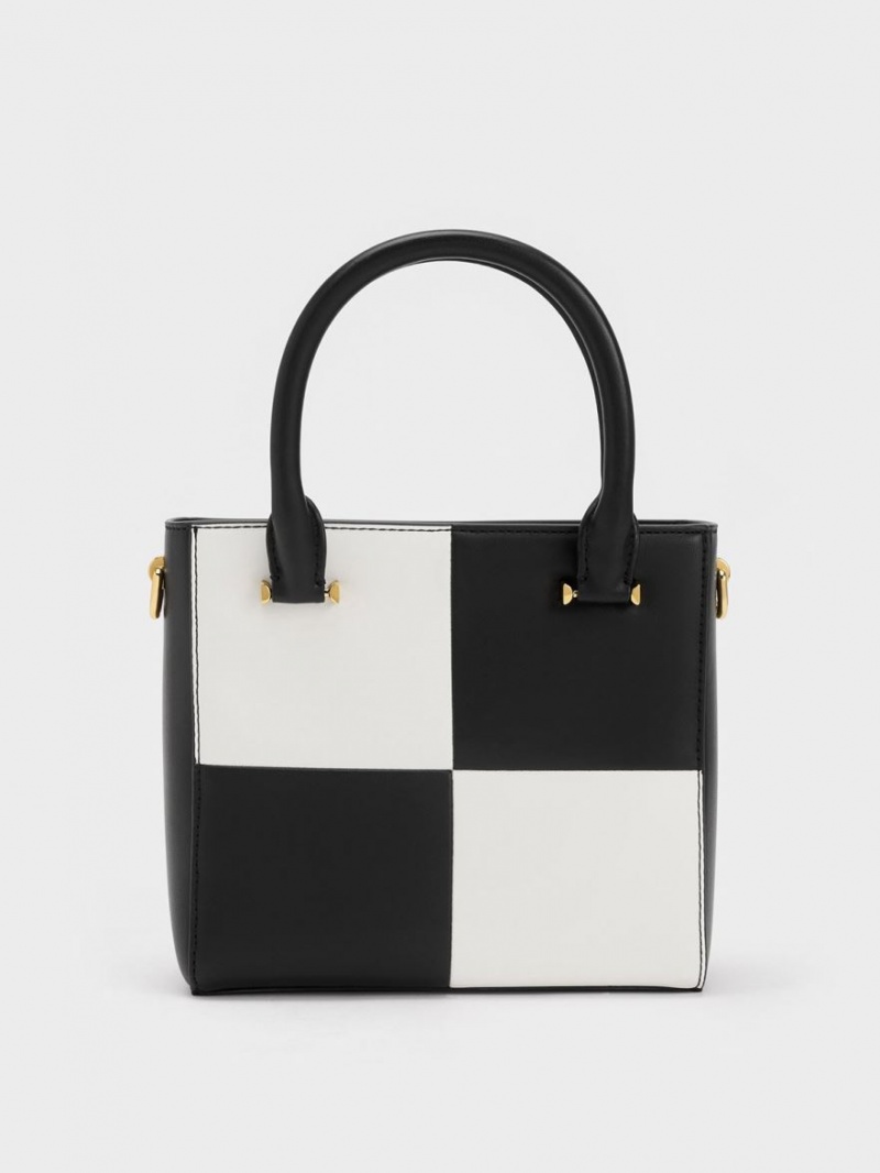 Geanta Tote Charles & Keith Georgette Checkered Square Negrii Albi | 046KGILBV