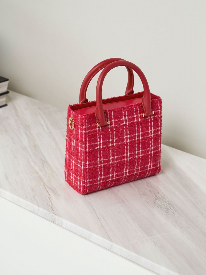 Geanta Tote Charles & Keith Georgette Tweed Square Rosii | 742AJFQPD