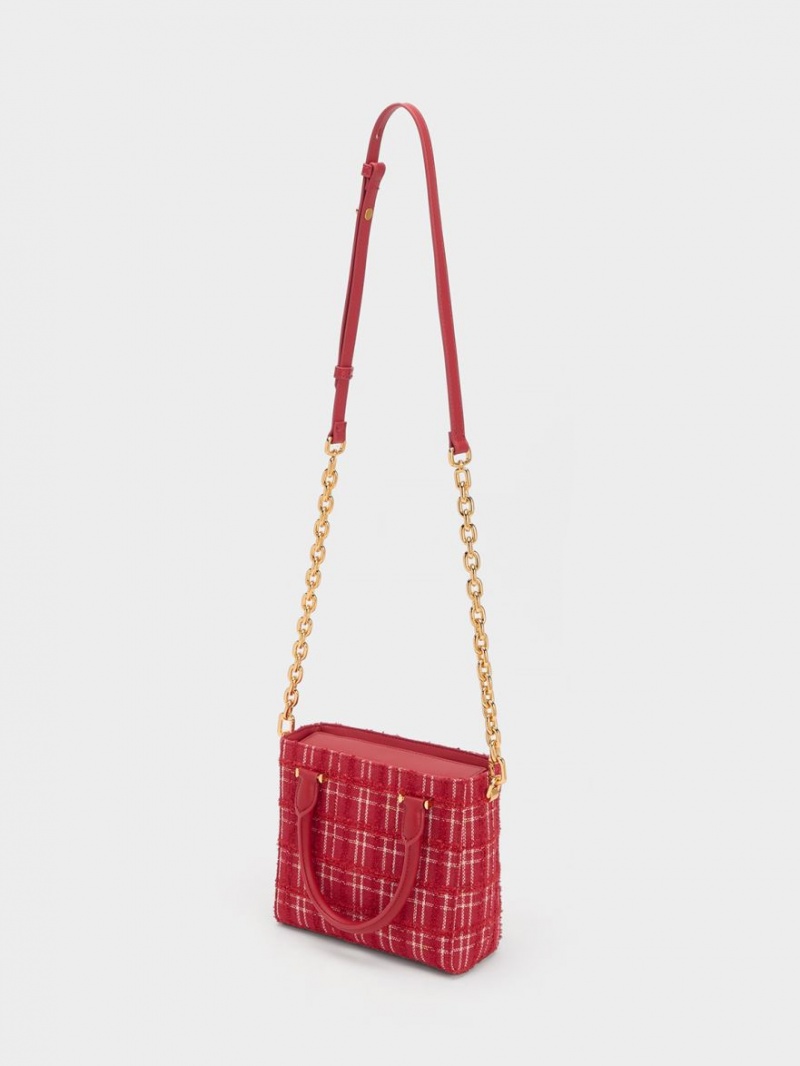Geanta Tote Charles & Keith Georgette Tweed Square Rosii | 742AJFQPD