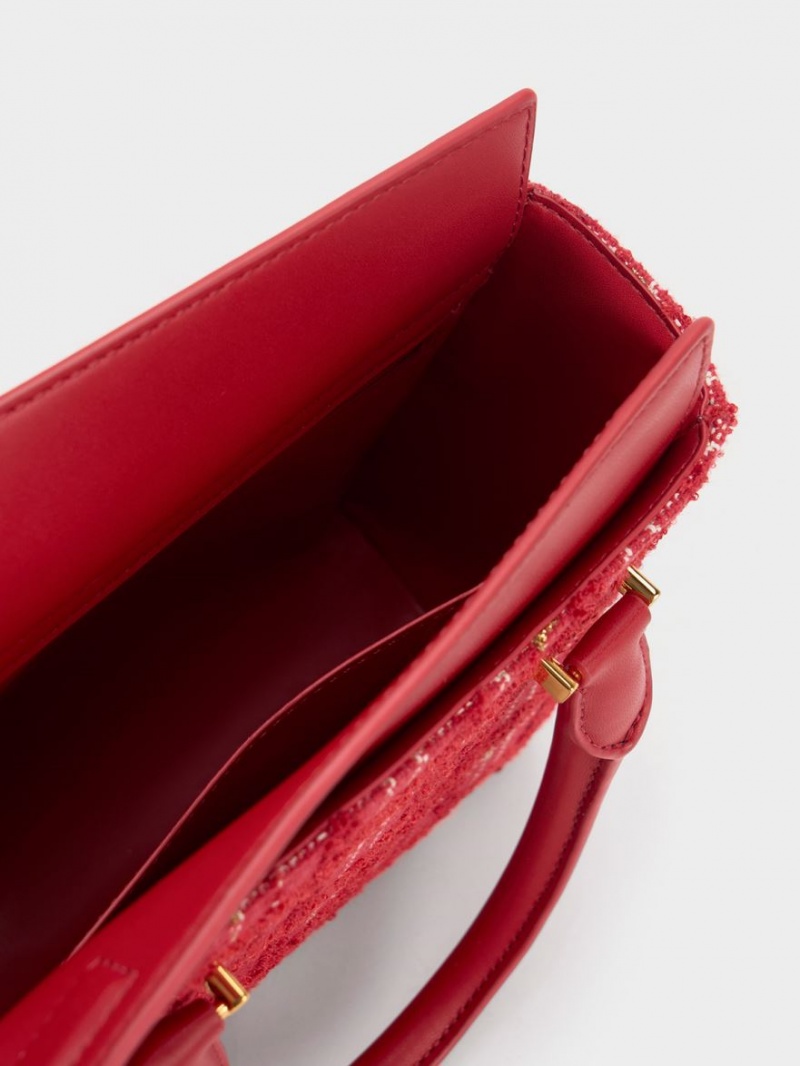Geanta Tote Charles & Keith Georgette Tweed Square Rosii | 742AJFQPD