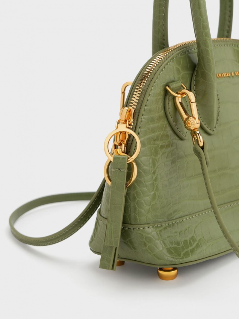 Geanta Tote Charles & Keith Harmonee Croc-Embossed Bowling Masline Verzi | 057ALTGDS