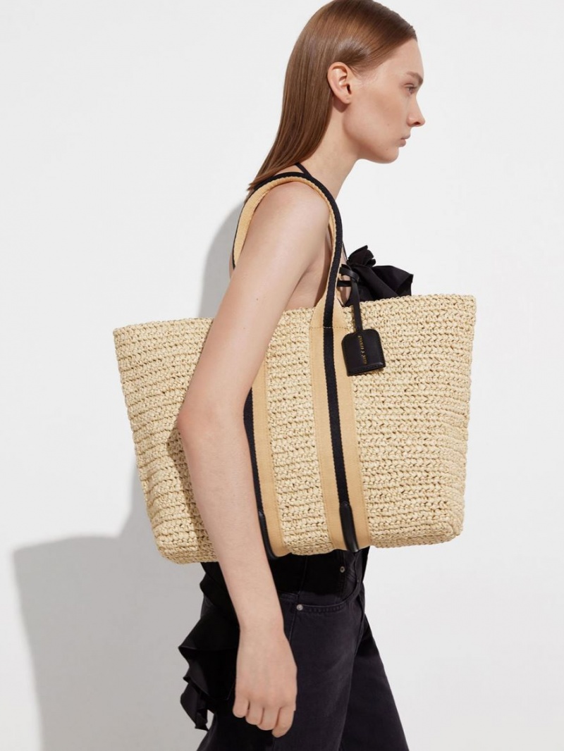 Geanta Tote Charles & Keith In Dungi Handles Raffia Bej | 408IQSJOG