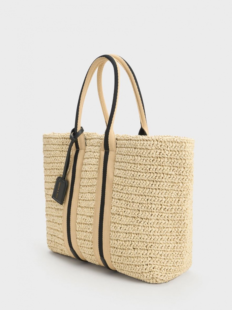 Geanta Tote Charles & Keith In Dungi Handles Raffia Bej | 408IQSJOG