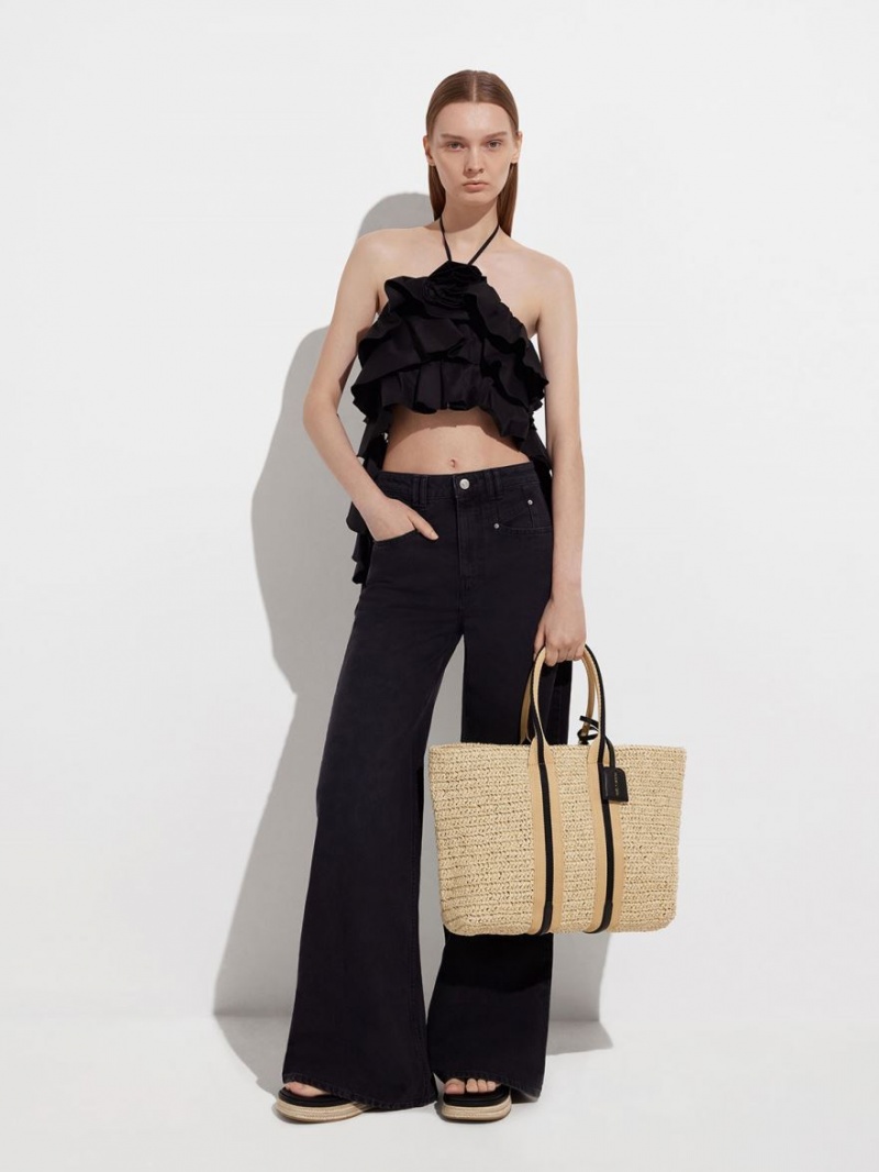 Geanta Tote Charles & Keith In Dungi Handles Raffia Bej | 408IQSJOG