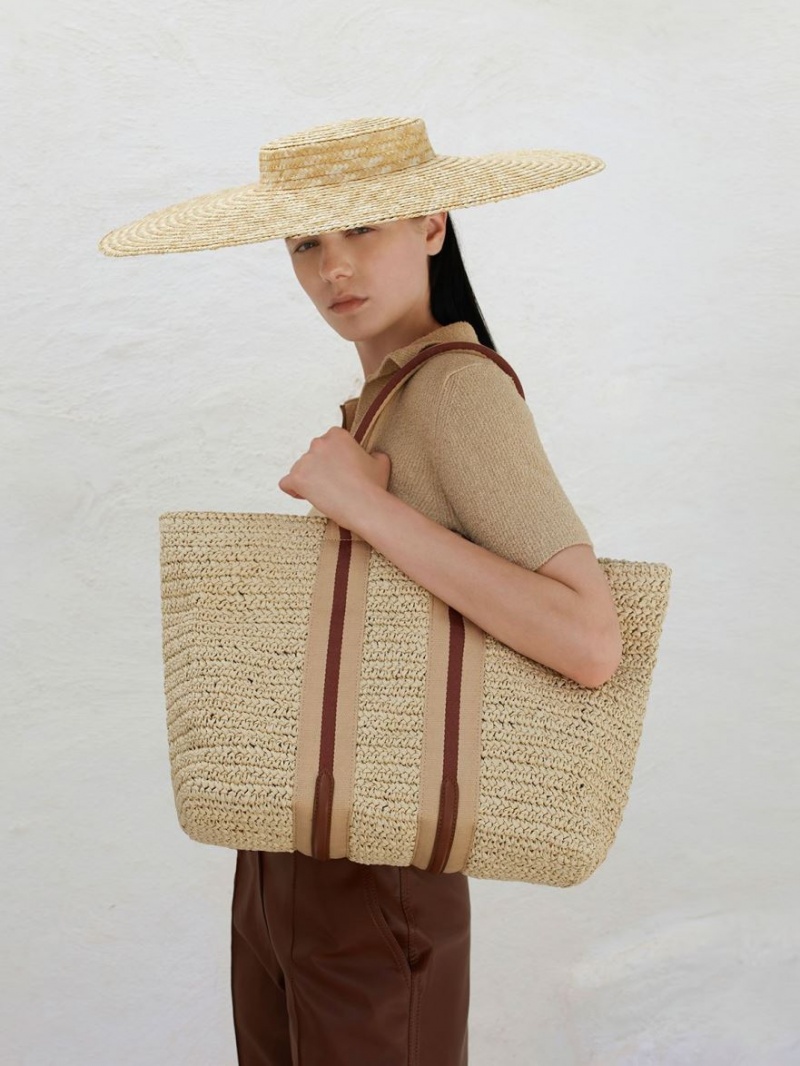 Geanta Tote Charles & Keith In Dungi Handles Raffia Bej | 945KDXBYU