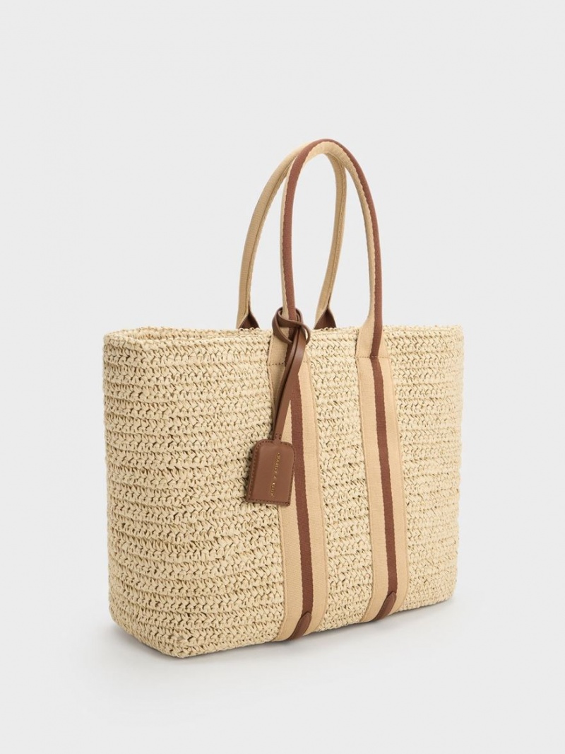 Geanta Tote Charles & Keith In Dungi Handles Raffia Bej | 945KDXBYU