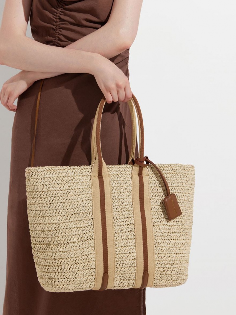 Geanta Tote Charles & Keith In Dungi Handles Raffia Bej | 945KDXBYU