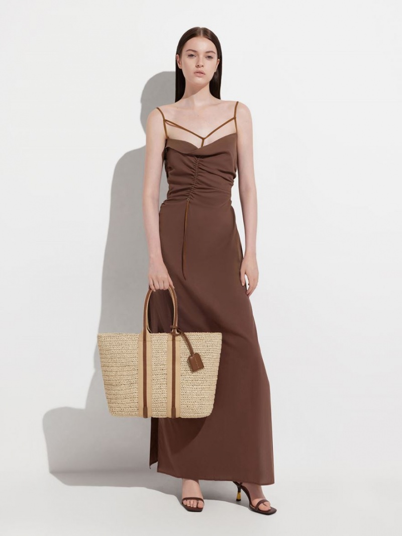 Geanta Tote Charles & Keith In Dungi Handles Raffia Bej | 945KDXBYU
