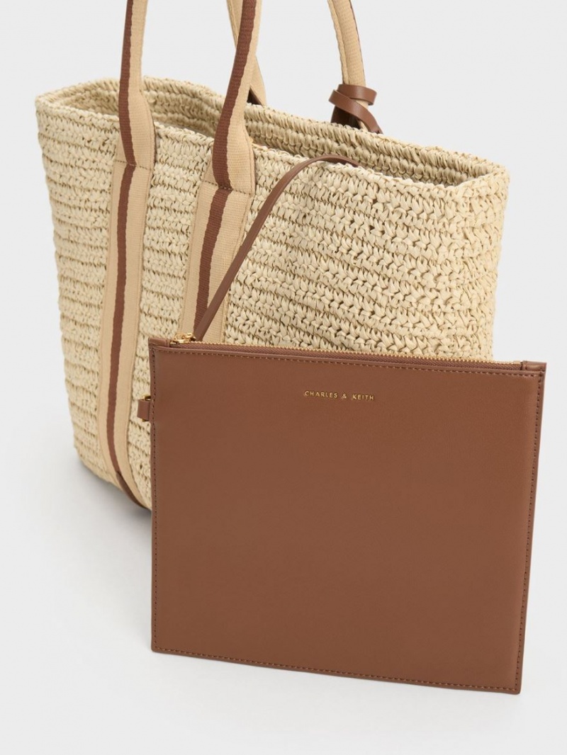 Geanta Tote Charles & Keith In Dungi Handles Raffia Bej | 945KDXBYU