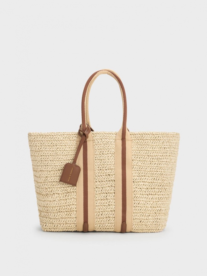 Geanta Tote Charles & Keith In Dungi Handles Raffia Bej | 945KDXBYU