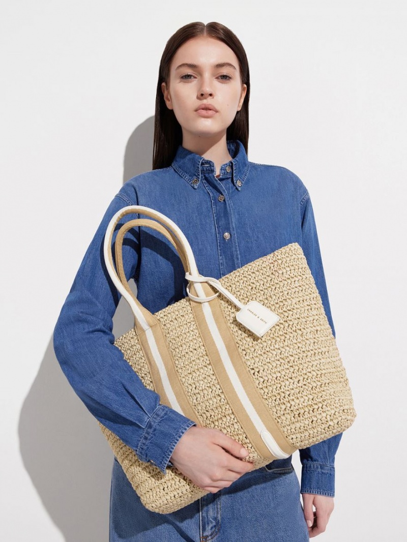 Geanta Tote Charles & Keith In Dungi Handles Raffia Bej | 631ZSGNER