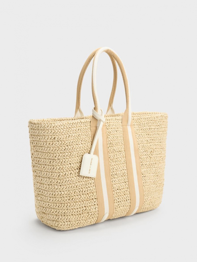 Geanta Tote Charles & Keith In Dungi Handles Raffia Bej | 631ZSGNER