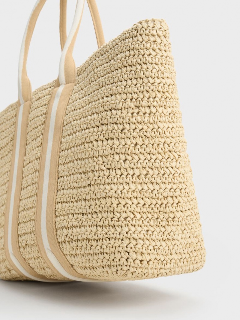 Geanta Tote Charles & Keith In Dungi Handles Raffia Bej | 631ZSGNER
