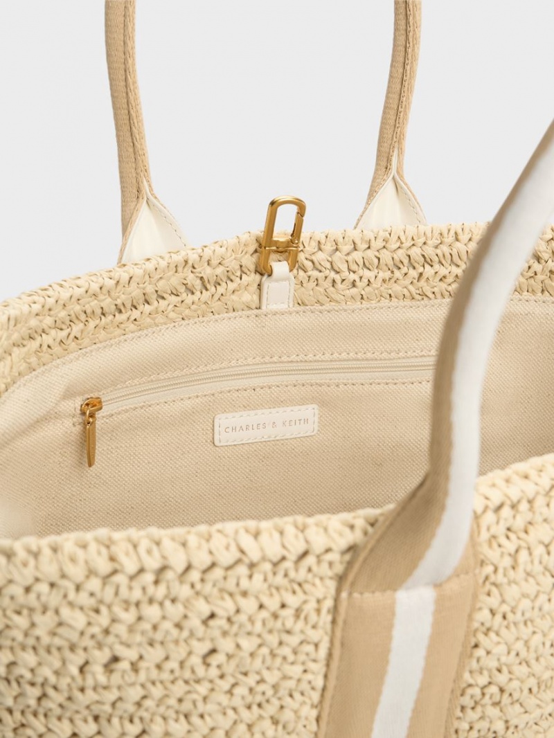 Geanta Tote Charles & Keith In Dungi Handles Raffia Bej | 631ZSGNER