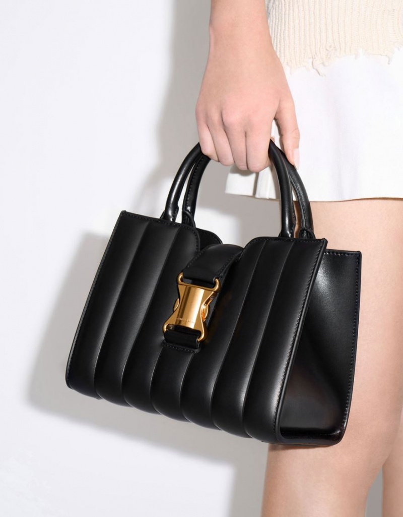 Geanta Tote Charles & Keith Ivy Panelled Metallic Cu Catarama Negrii | 524ACWSMZ