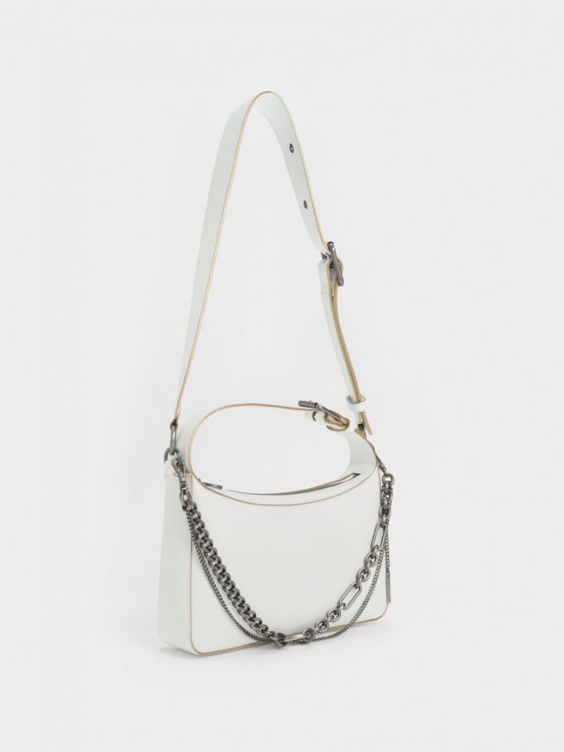Geanta Tote Charles & Keith Jules Piele Chain-Embellished Albi | 516ZAETLK