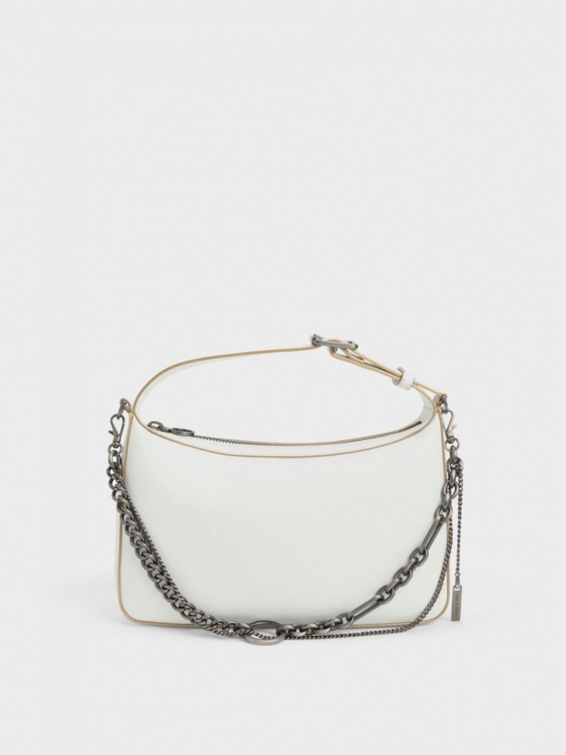Geanta Tote Charles & Keith Jules Piele Chain-Embellished Albi | 516ZAETLK